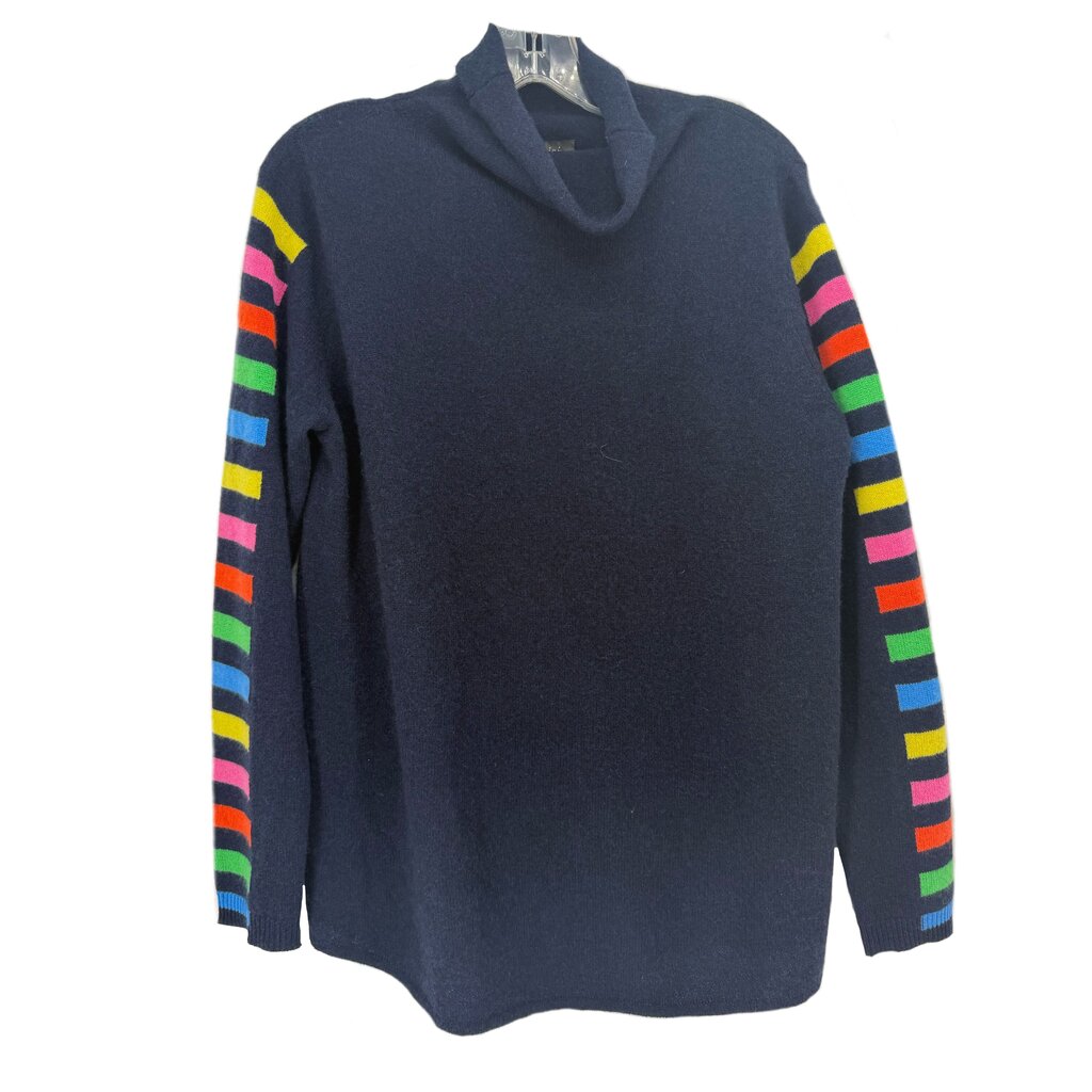 Navy cashmere sweater with a draped cowl neck and colorful striped sleeves