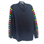 Navy cashmere sweater with a draped cowl neck and colorful striped sleeves