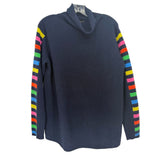 Navy cashmere sweater with a draped cowl neck and colorful striped sleeves