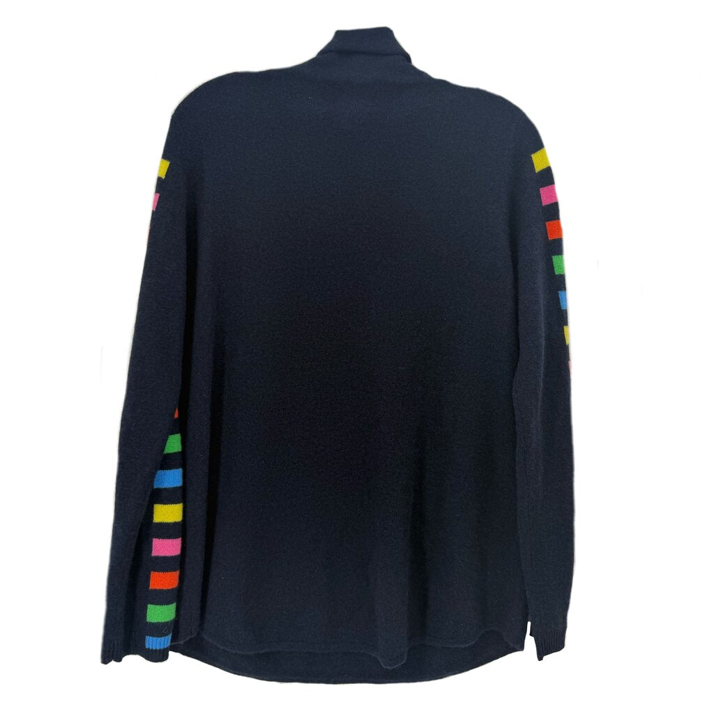 Back of navy cashmere sweater with colorful striped sleeve accents
