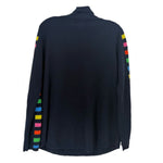 Back of navy cashmere sweater with colorful striped sleeve accents