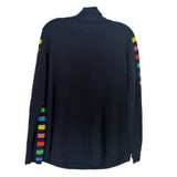 Back of navy cashmere sweater with colorful striped sleeve accents