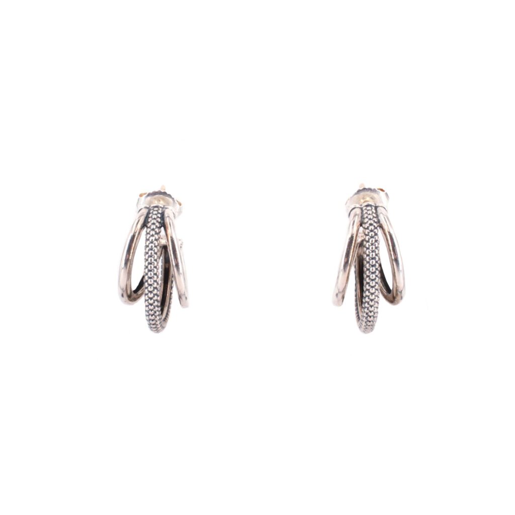 LAGOS Caviar triple hoop sterling silver earrings, shown edge-on with textured center hoops