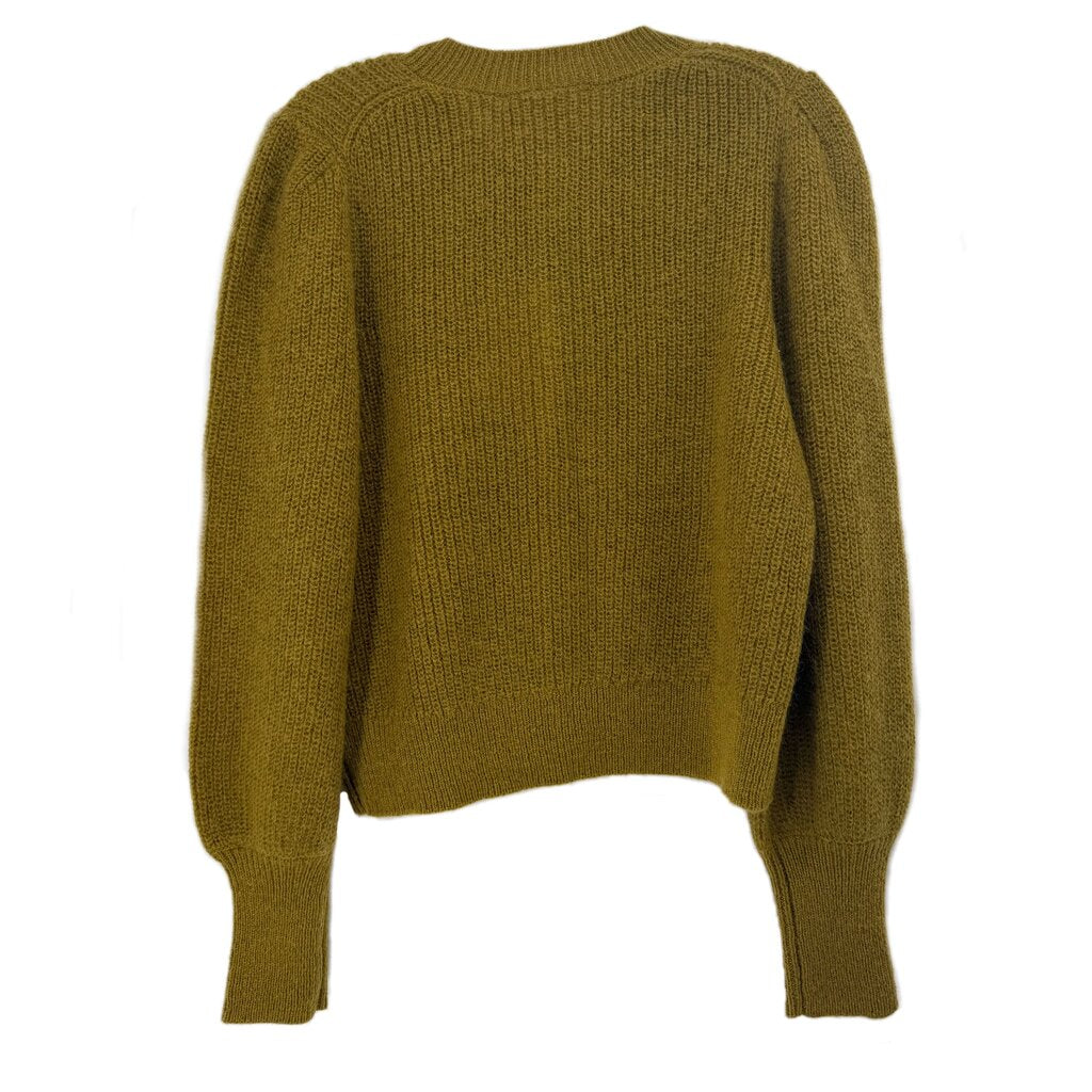 Back of the green knit cardigan with long puff sleeves