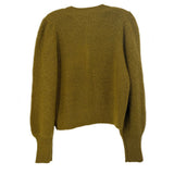Back of the green knit cardigan with long puff sleeves