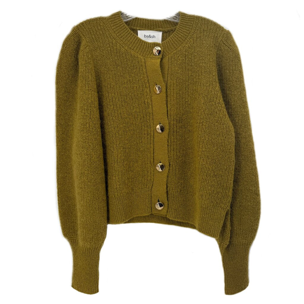 ba&sh green knit cardigan with button front, round neck, and long puff sleeves