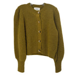 ba&sh green knit cardigan with button front, round neck, and long puff sleeves