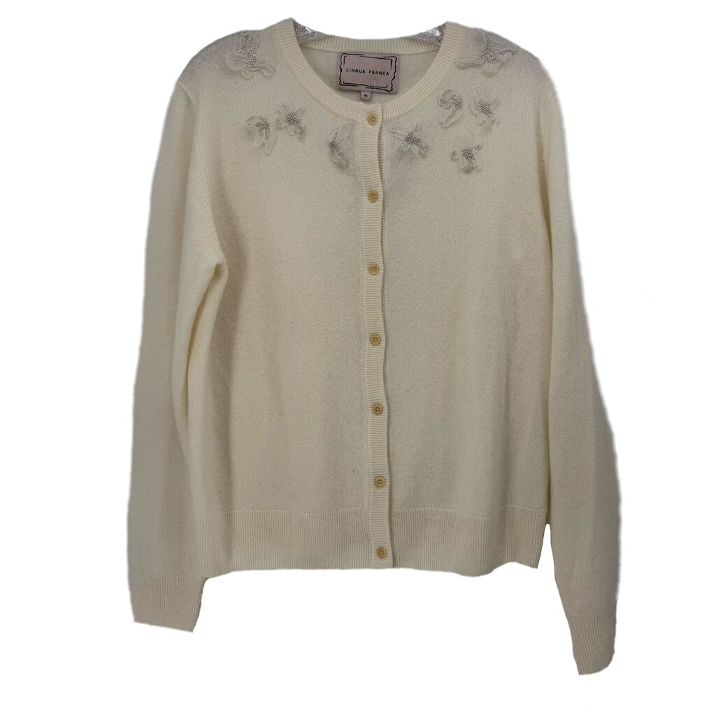 Lingua Franca cream cashmere cardigan with button front and subtle floral embroidery