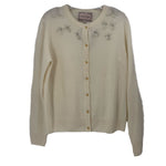 Lingua Franca cream cashmere cardigan with button front and subtle floral embroidery