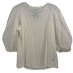 White puff-sleeve top with gathered round neckline and sheer sleeves