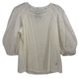 White puff-sleeve top with gathered round neckline and sheer sleeves