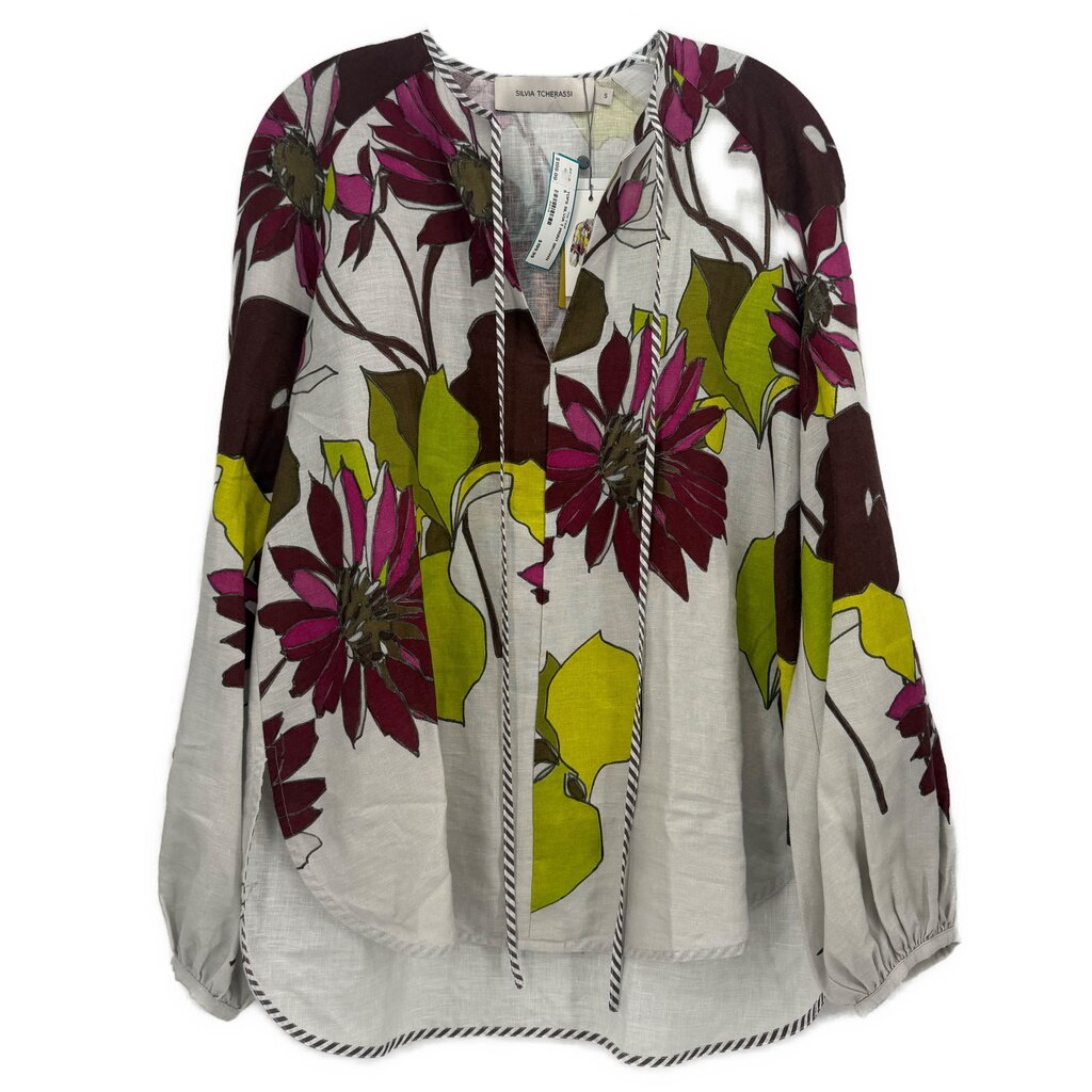 Floral print peasant blouse in cream with long sleeves and tassel tie neckline