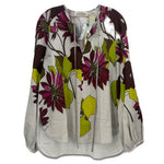 Floral print peasant blouse in cream with long sleeves and tassel tie neckline