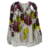 Floral print peasant blouse in cream with long sleeves and tassel tie neckline