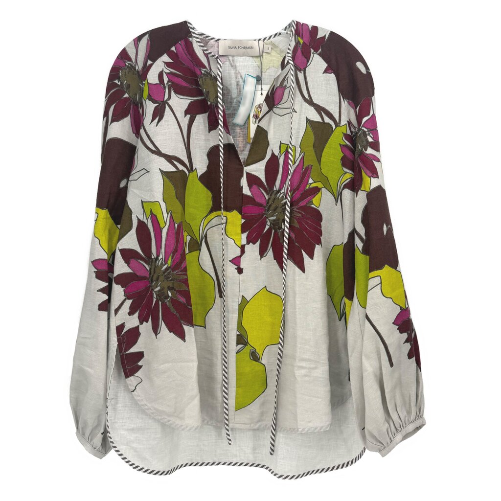 Floral print blouse top, long sleeves, button-front placket