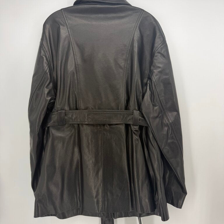 Black leather outerwear jacket back view with belt at waist and stand collar