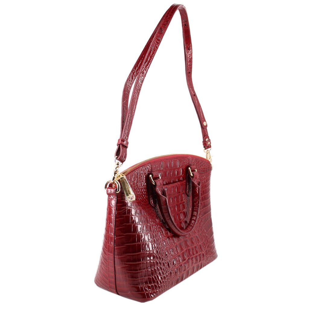 Merlot croc-embossed satchel bag side view with shield emblem and handle hardware