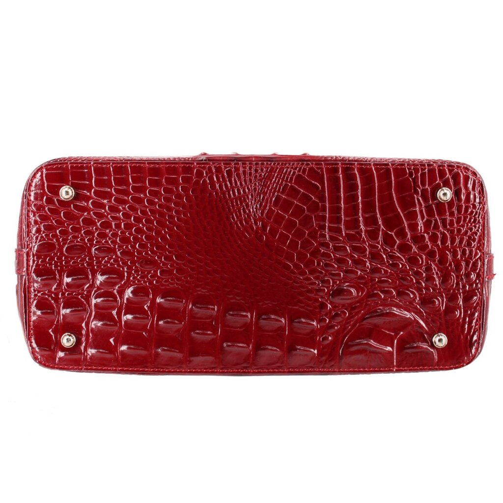 Merlot croc-embossed satchel bag front panel with two metal snap buttons