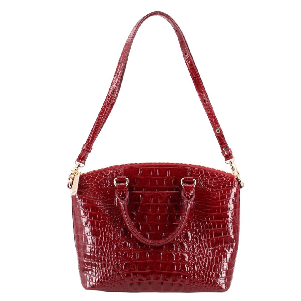 Merlot croc-embossed satchel bag with top handles and front buckle detail