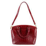 Merlot croc-embossed satchel bag with top handles and front buckle detail