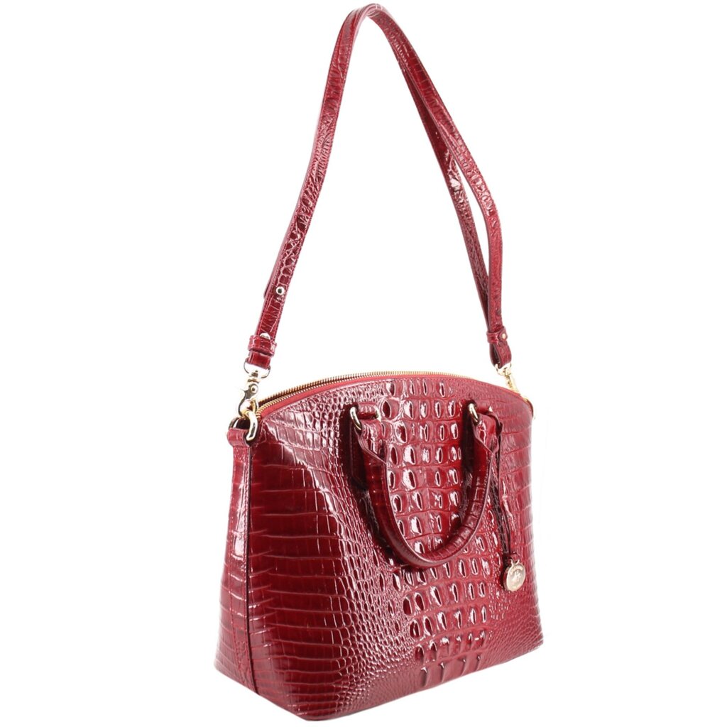 Merlot croc-embossed satchel bag with curved handle strap and front shield