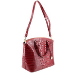 Merlot croc-embossed satchel bag with curved handle strap and front shield