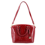 Merlot croc-embossed satchel bag with top handles and shield emblem