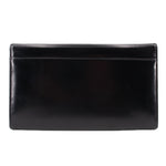 Black leather crossbody bag front view with clean fold-over flap
