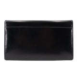 Black leather crossbody bag front view with clean fold-over flap