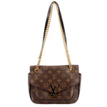 Monogram crossbody bag with flap, gold-tone chain strap, brown canvas with LV pattern
