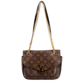 Monogram crossbody bag with flap, gold-tone chain strap, brown canvas with LV pattern