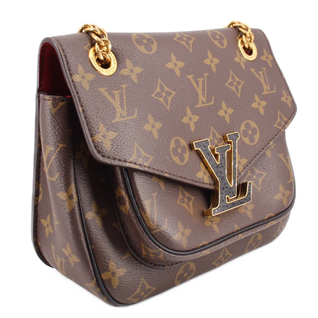 Monogram crossbody bag with front flap and LV emblem, gold-tone chain strap