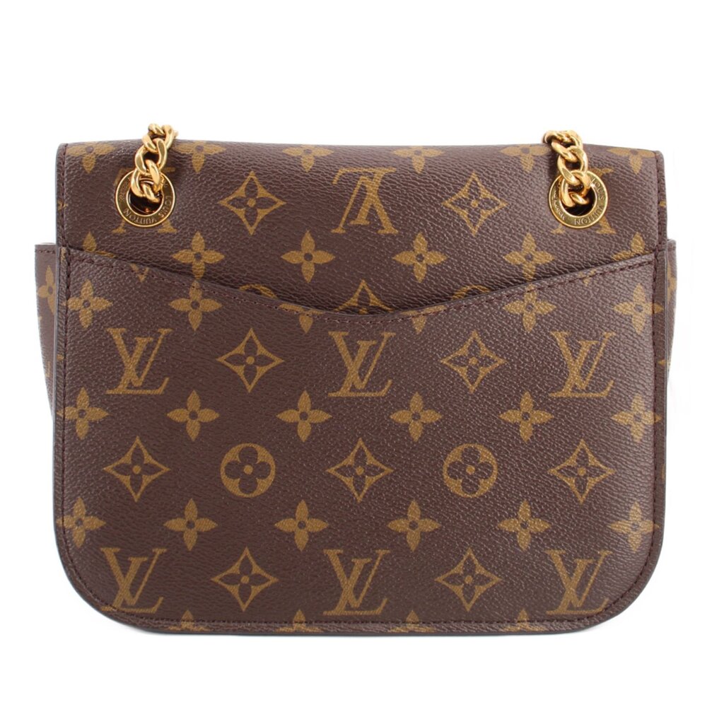 Small monogram crossbody bag with top flap and gold-tone hardware, brown exterior