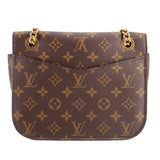 Small monogram crossbody bag with top flap and gold-tone hardware, brown exterior