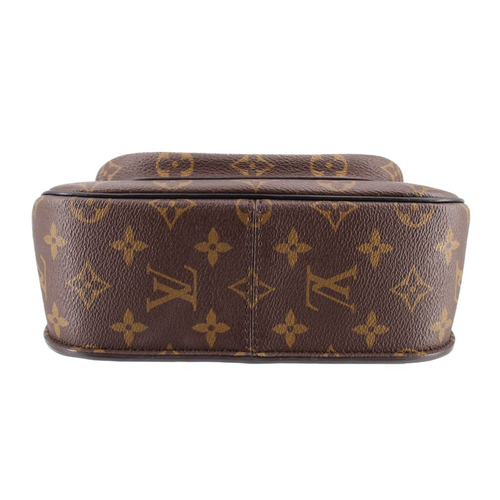 Brown monogram crossbody bag back view with smooth top and LV-pattern trim
