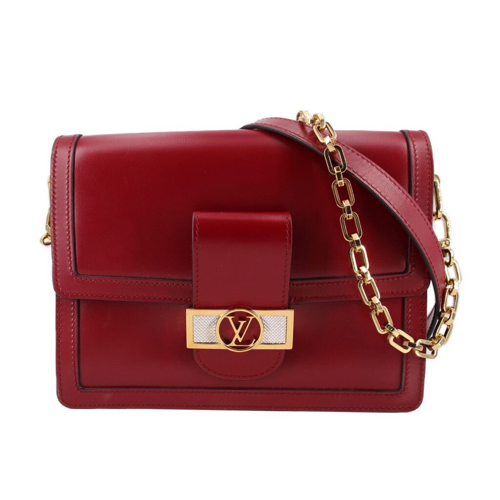 Leather crossbody bag with flap, gold-tone chain strap, and LV logo plaque in cherry red