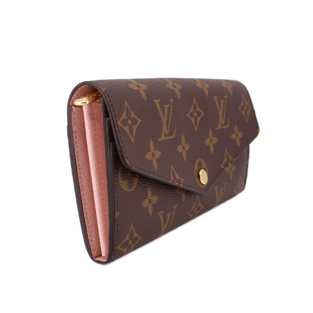 LOUIS VUITTON Sarah wallet, brown monogram with foldover flap and gold clasp