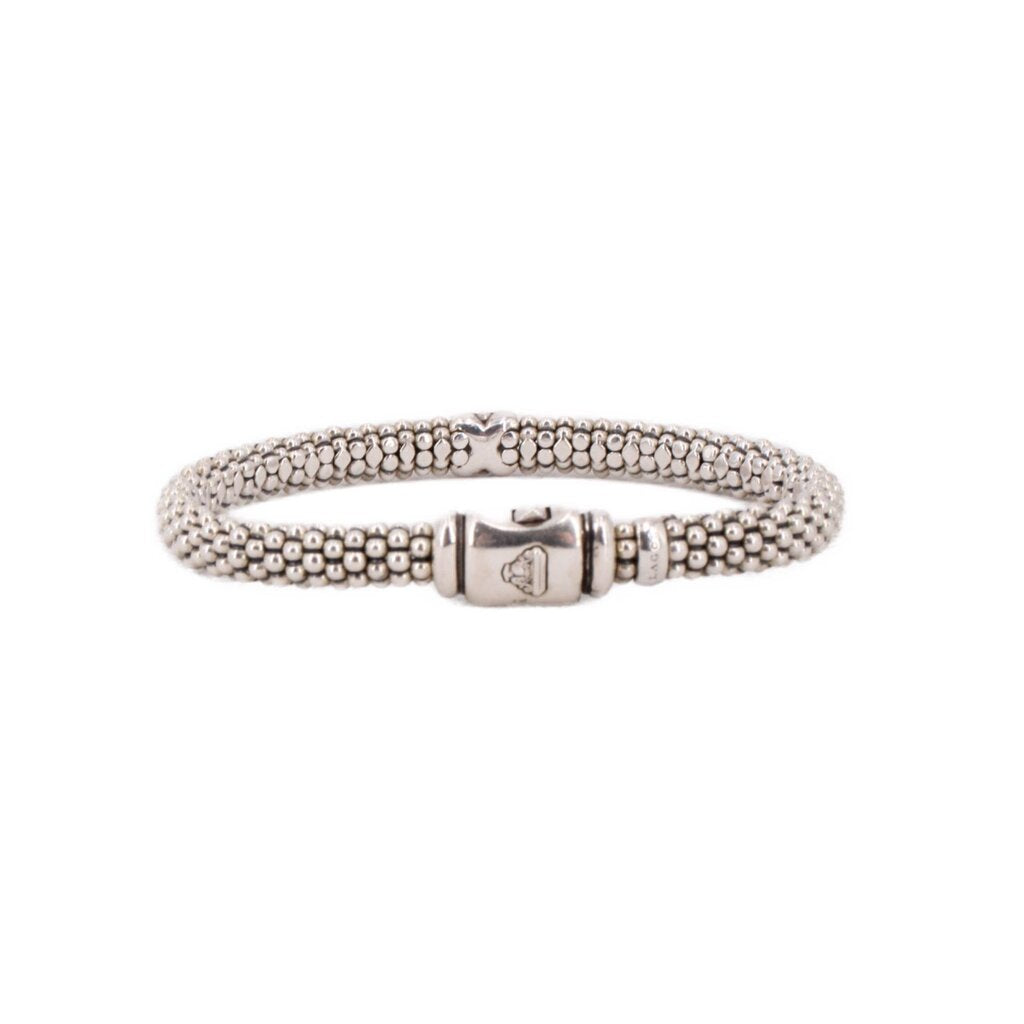 LAGOS sterling silver rope bracelet showing its beaded strands and signature clasp