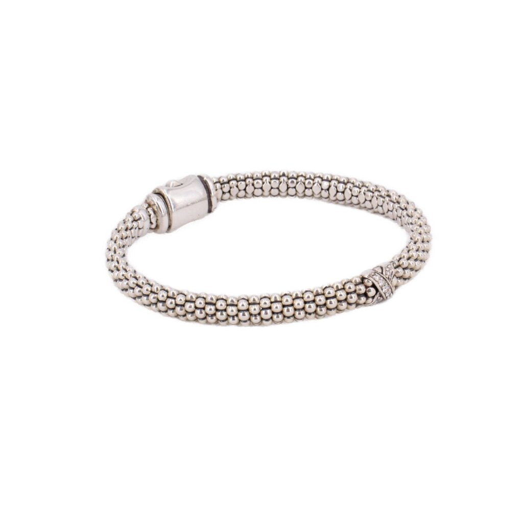 LAGOS sterling silver rope bracelet shown at an angle, with textured beaded strands and clasp