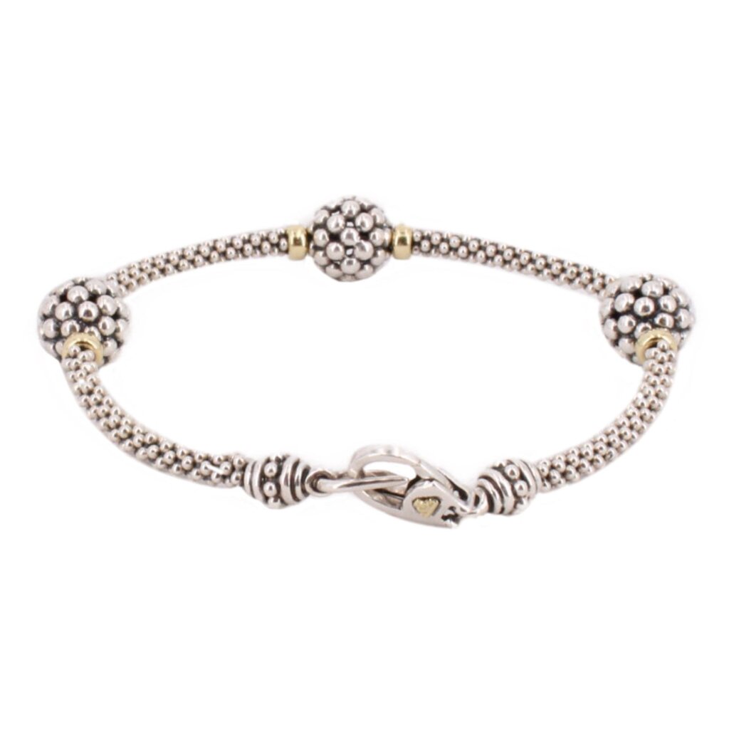 LAGOS beaded sterling silver bracelet with three caviar stations and clasp detail