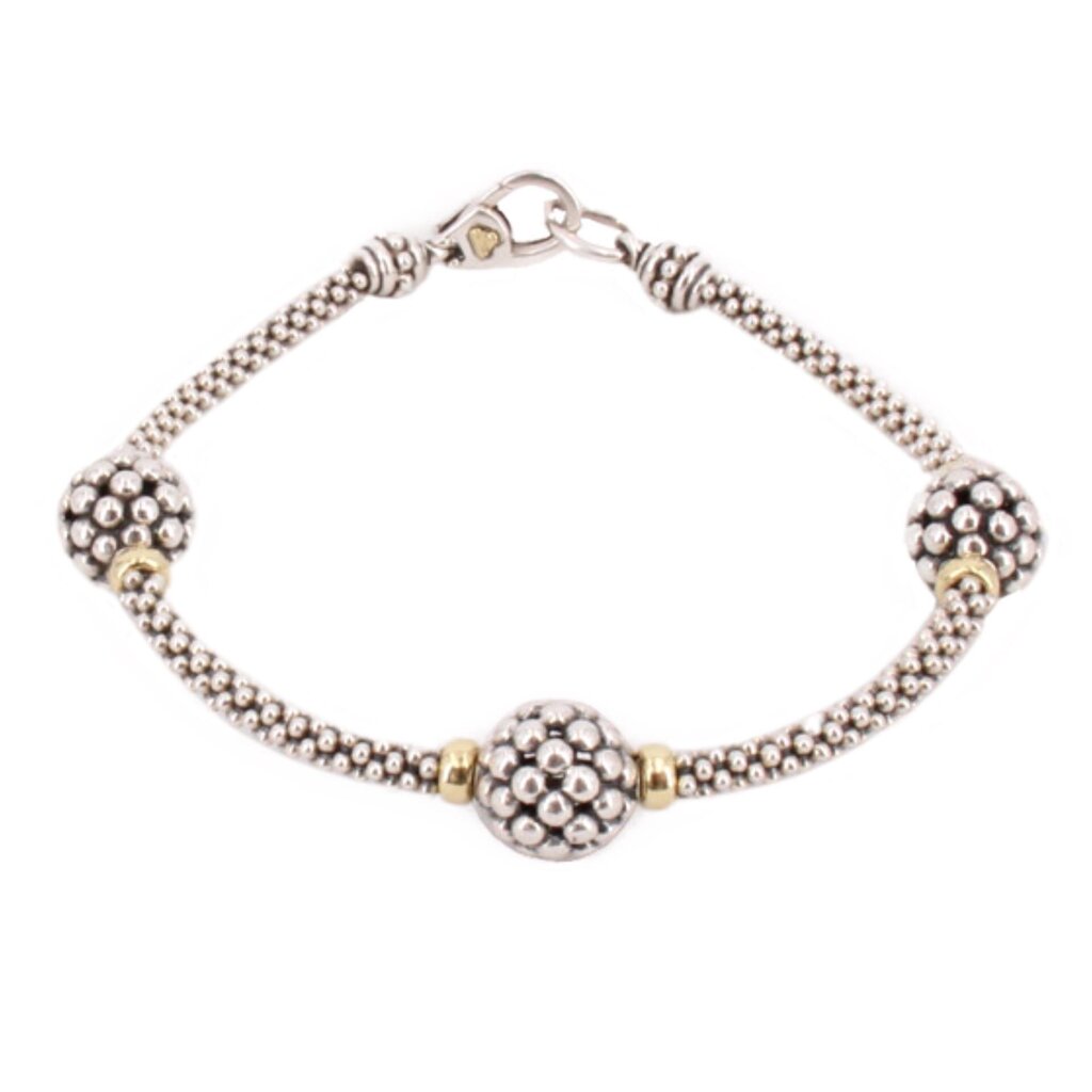 LAGOS sterling silver bracelet with three beaded caviar stations and gold-tone accents