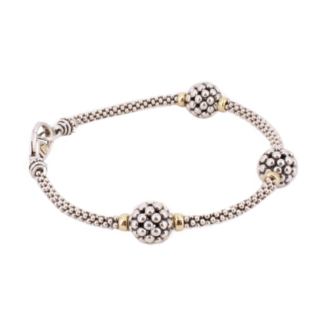 LAGOS sterling silver bracelet with three raised caviar stations and decorative clasp