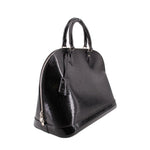 Louis Vuitton Alma GM black Epi Vernis handbag, angled view showing its side zipper