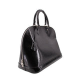 Louis Vuitton Alma GM black Epi Vernis handbag, angled view showing its side zipper