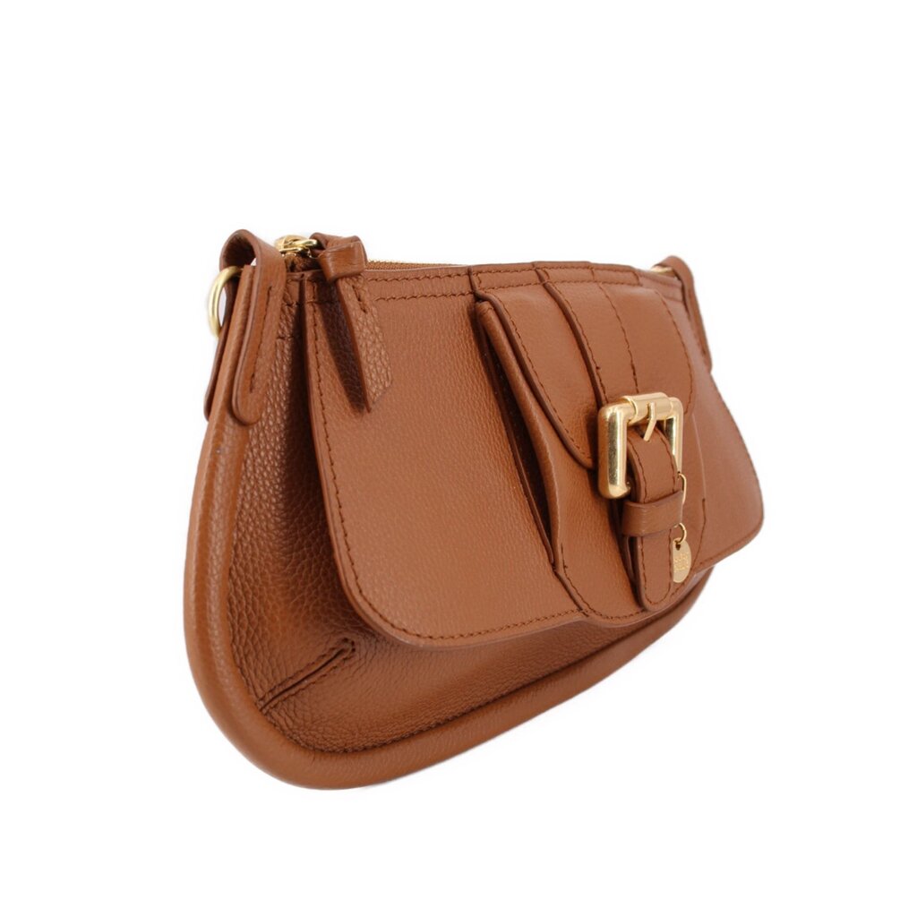 Brown crossbody shoulder bag with flap closure and gold-tone hardware