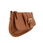 Brown crossbody shoulder bag with flap closure and gold-tone hardware