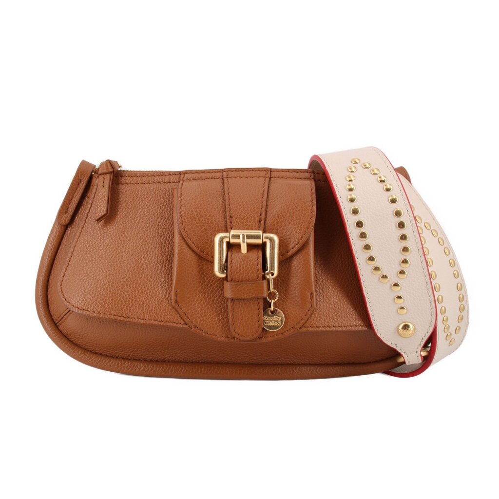 Brown small shoulder bag with gold-tone buckle and cream studded strap detail