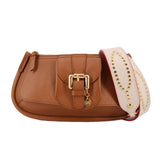 Brown small shoulder bag with gold-tone buckle and cream studded strap detail
