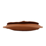 Brown shoulder bag with rounded side profile and stitched top edge
