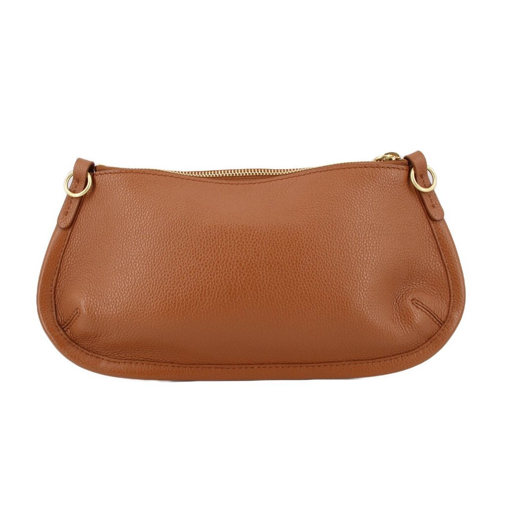 Brown leather shoulder bag with top zip and metal ring handles